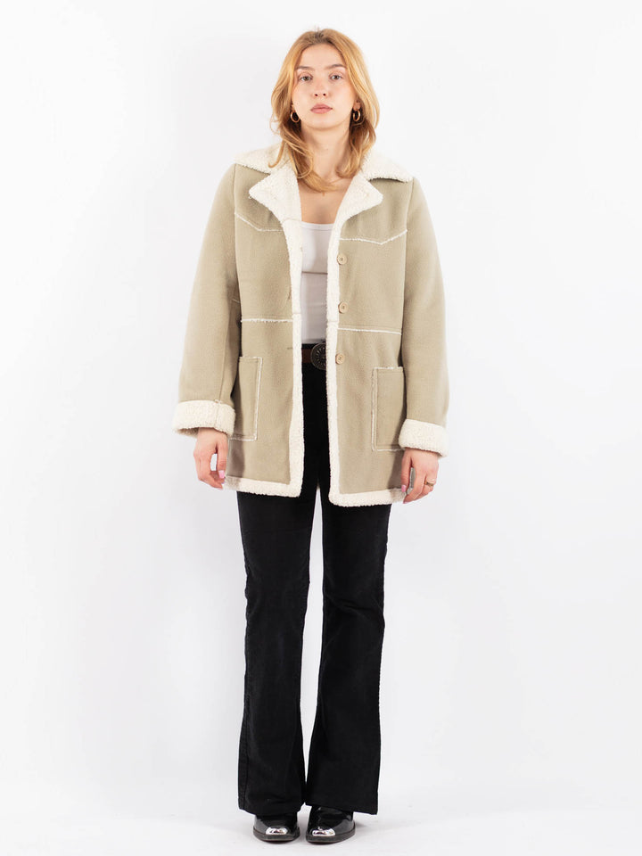 Vintage 90's Women Faux Sheepskin Coat in BeigeV9735
