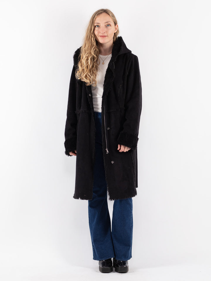 Vintage 90's Women Faux Sheepskin Coat in Black