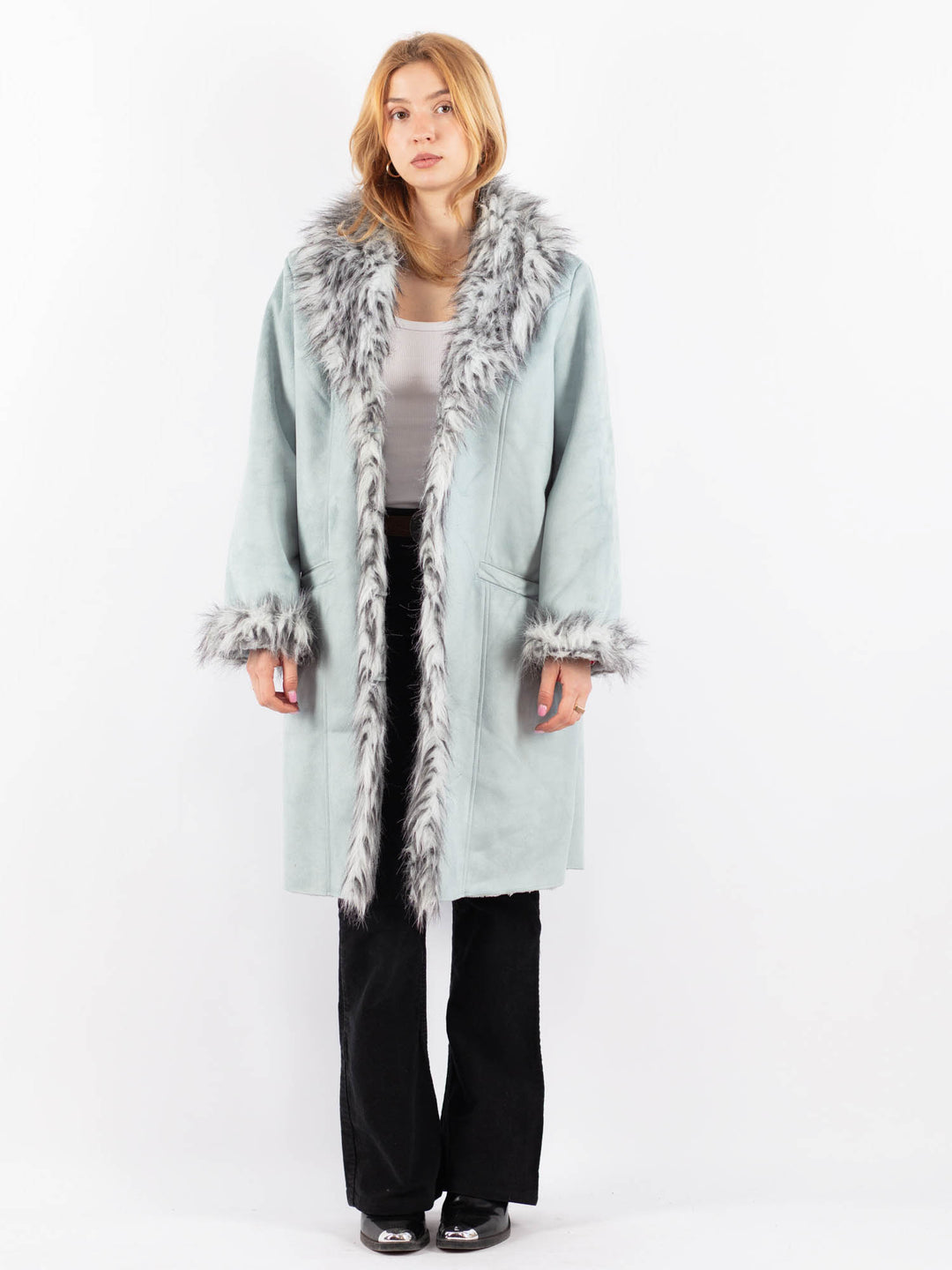 Vintage 90's Women Faux Sheepskin Coat in BlueV9740