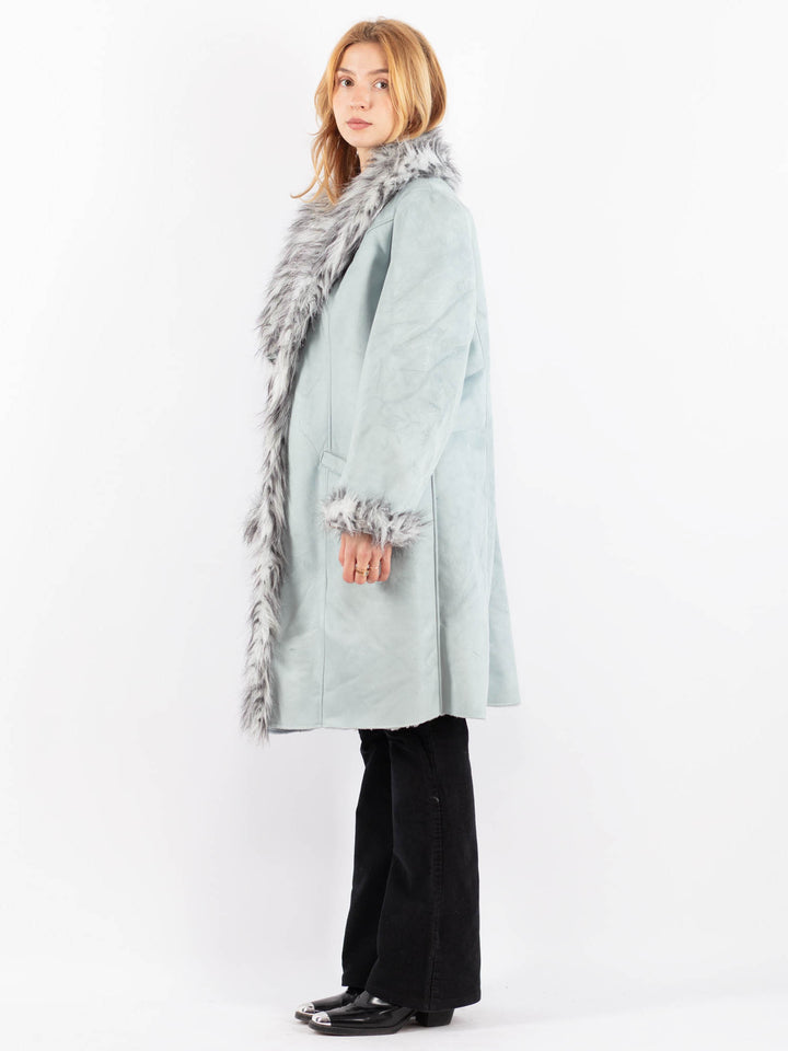 Vintage 90's Women Faux Sheepskin Coat in BlueV9740