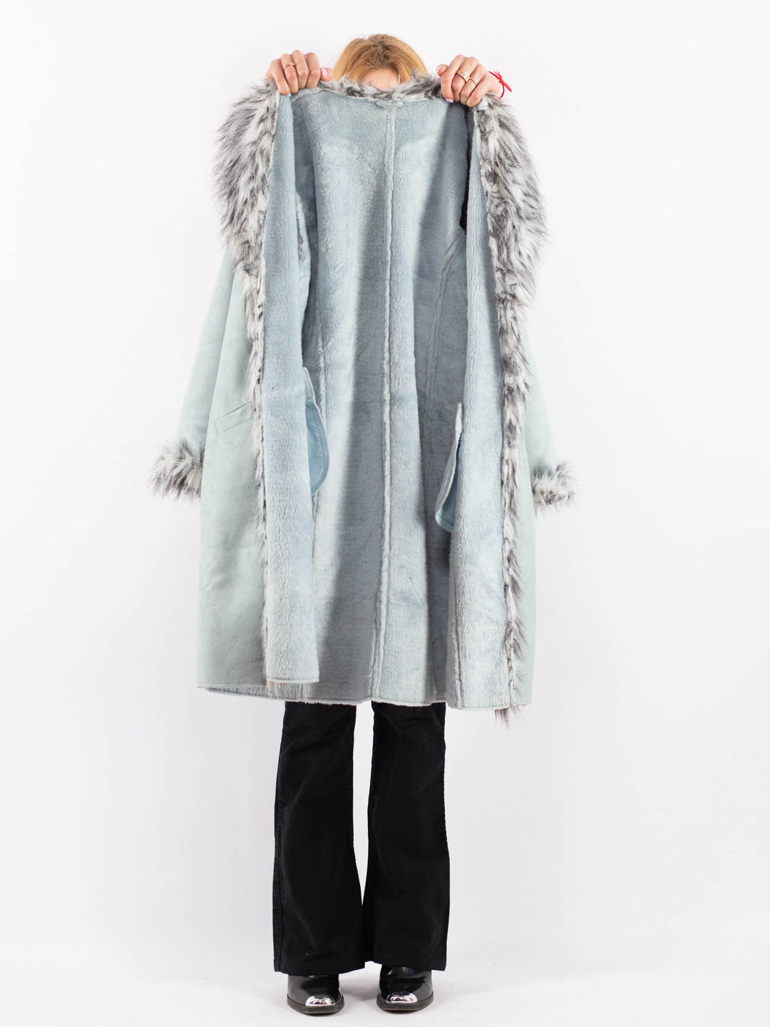 Vintage 90's Women Faux Sheepskin Coat in BlueV9740