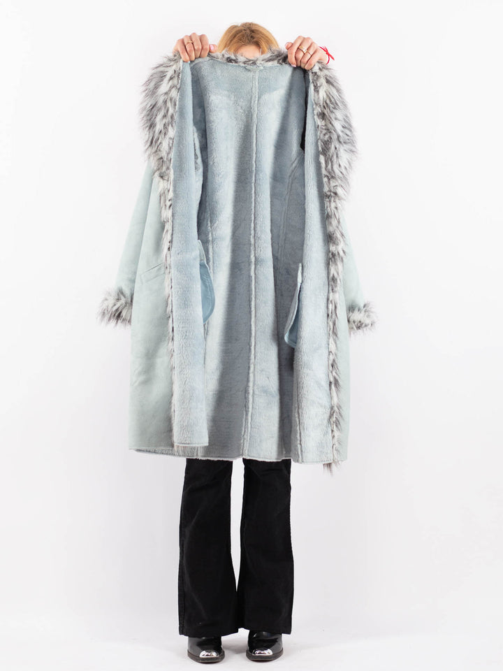 Vintage 90's Women Faux Sheepskin Coat in BlueV9740