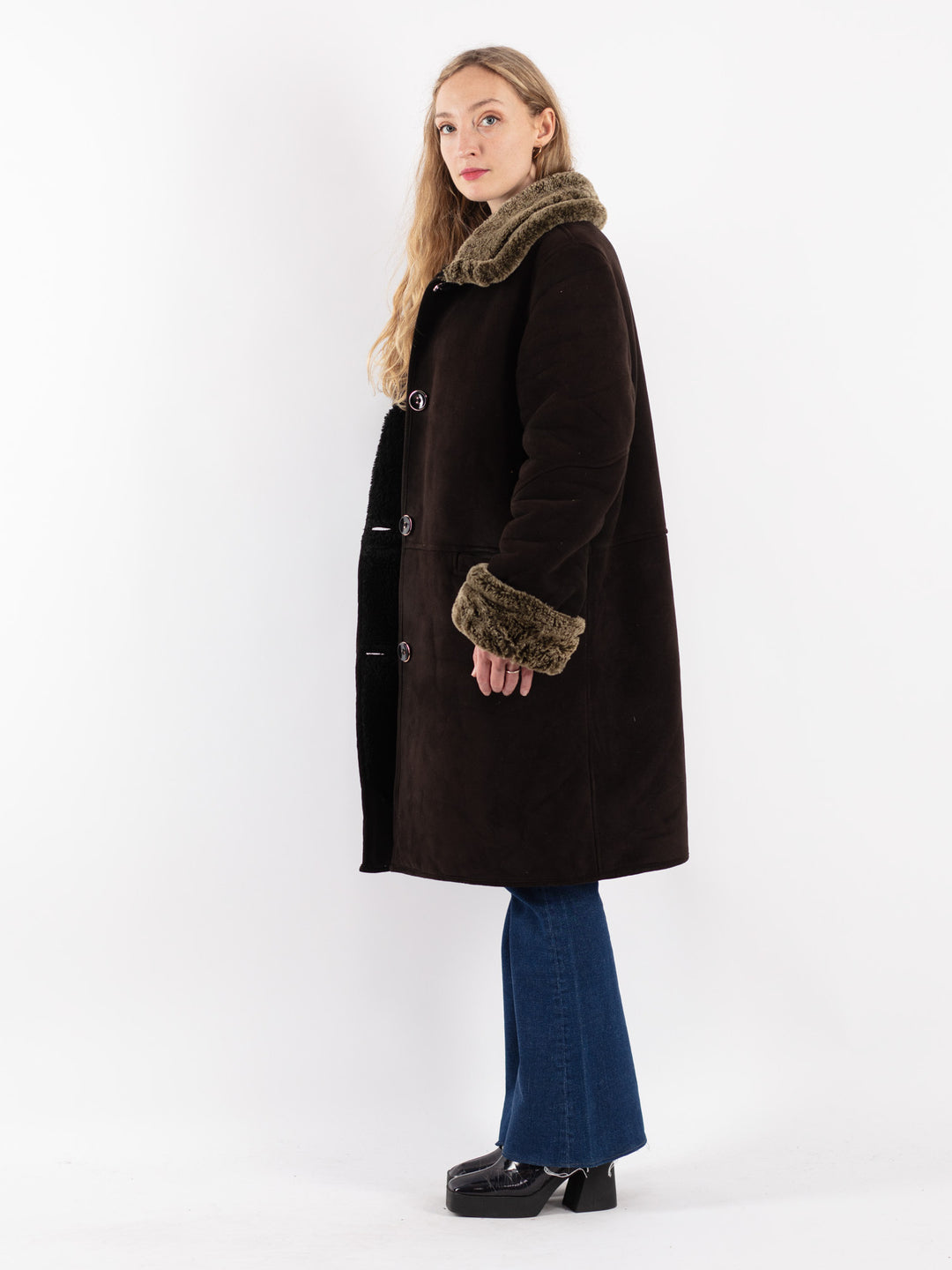 Vintage 90's Women Faux Sheepskin Coat in Brown