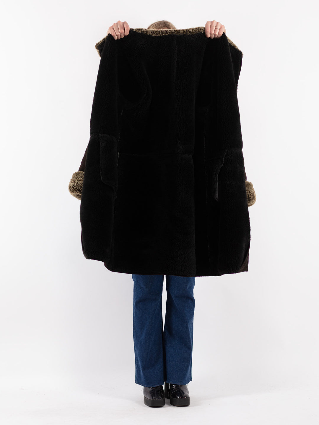 Vintage 90's Women Faux Sheepskin Coat in Brown