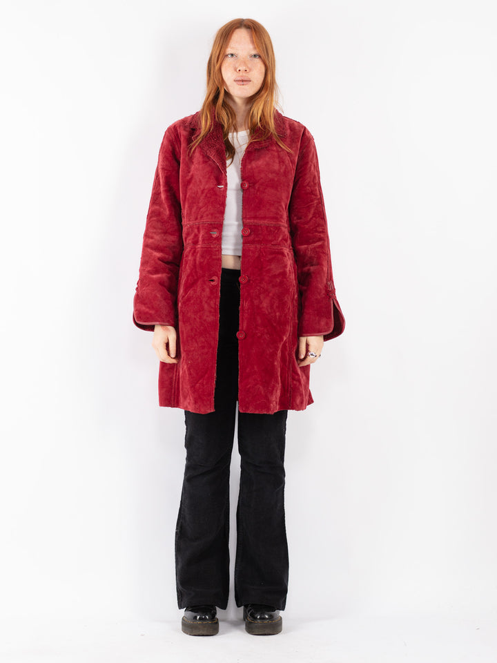 Vintage 90's Women Faux Sheepskin Coat in Red