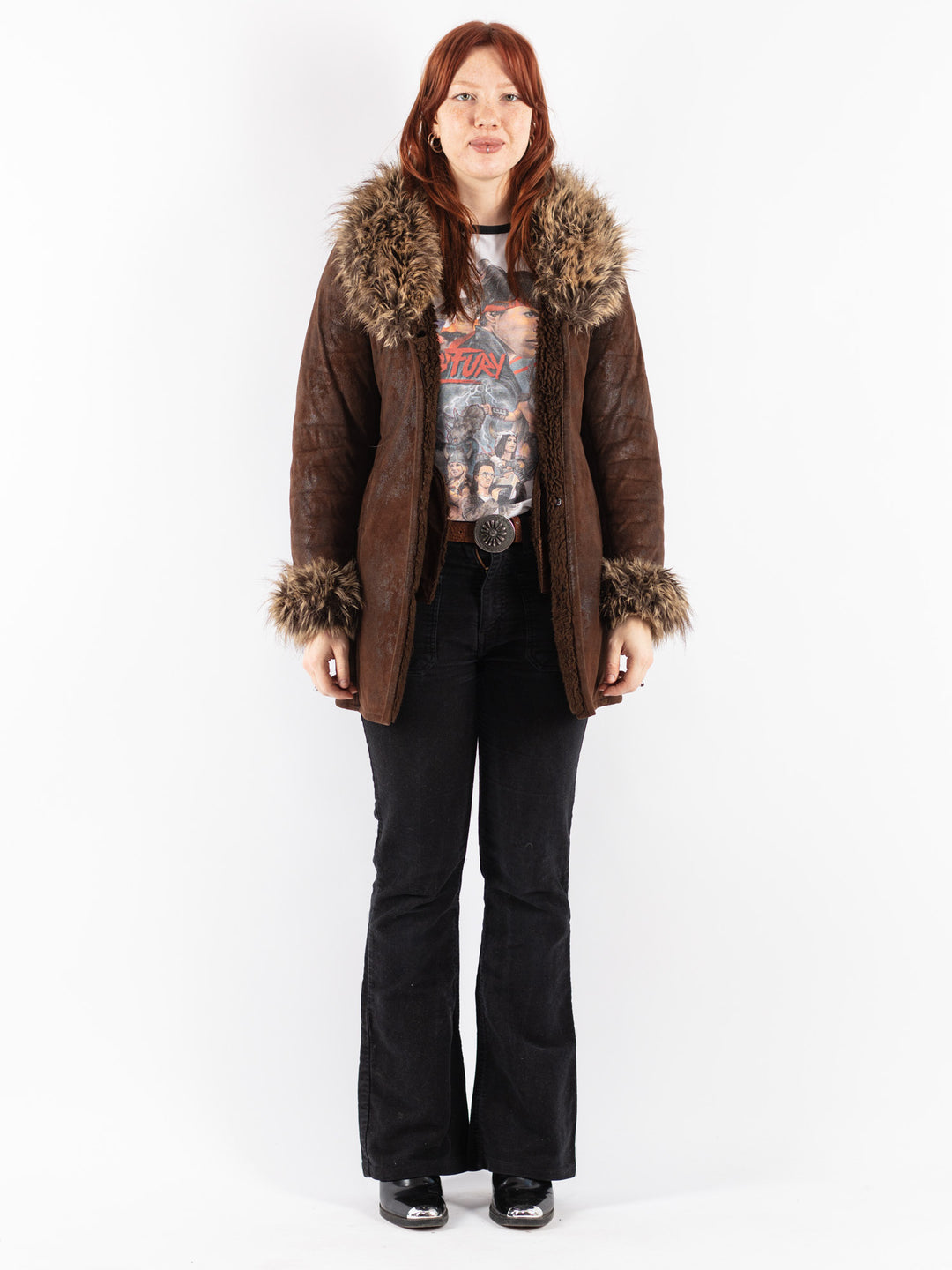 Vintage 90's Women Faux Sheepskin Coat in Brown