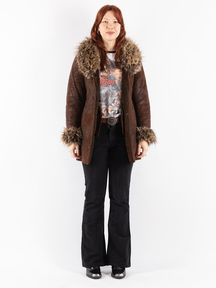 Vintage 90's Women Faux Sheepskin Coat in Brown