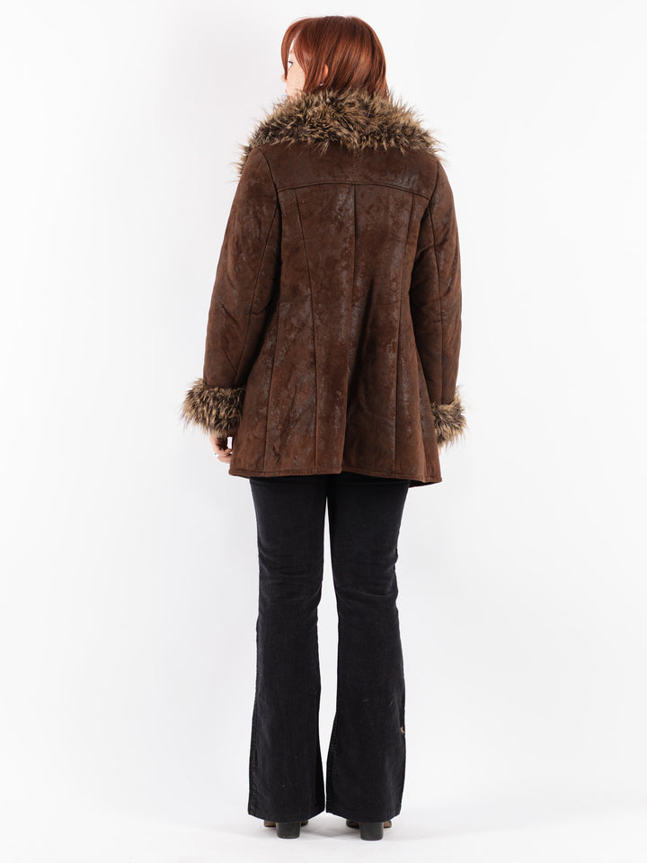 Vintage 90's Women Faux Sheepskin Coat in Brown