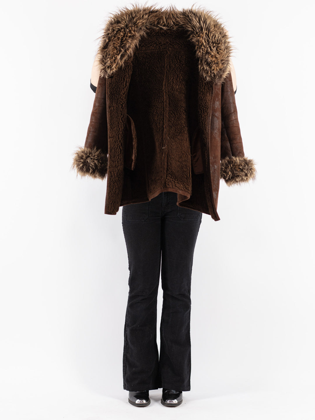 Vintage 90's Women Faux Sheepskin Coat in Brown
