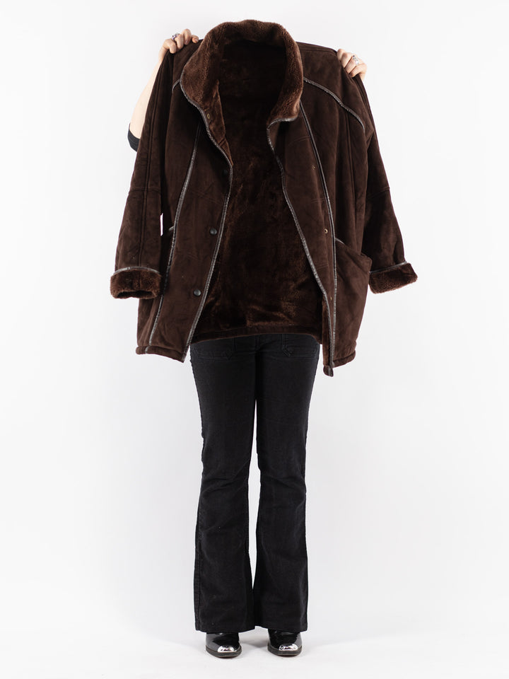 Vintage 90's Women Faux Sheepskin Coat in Brown