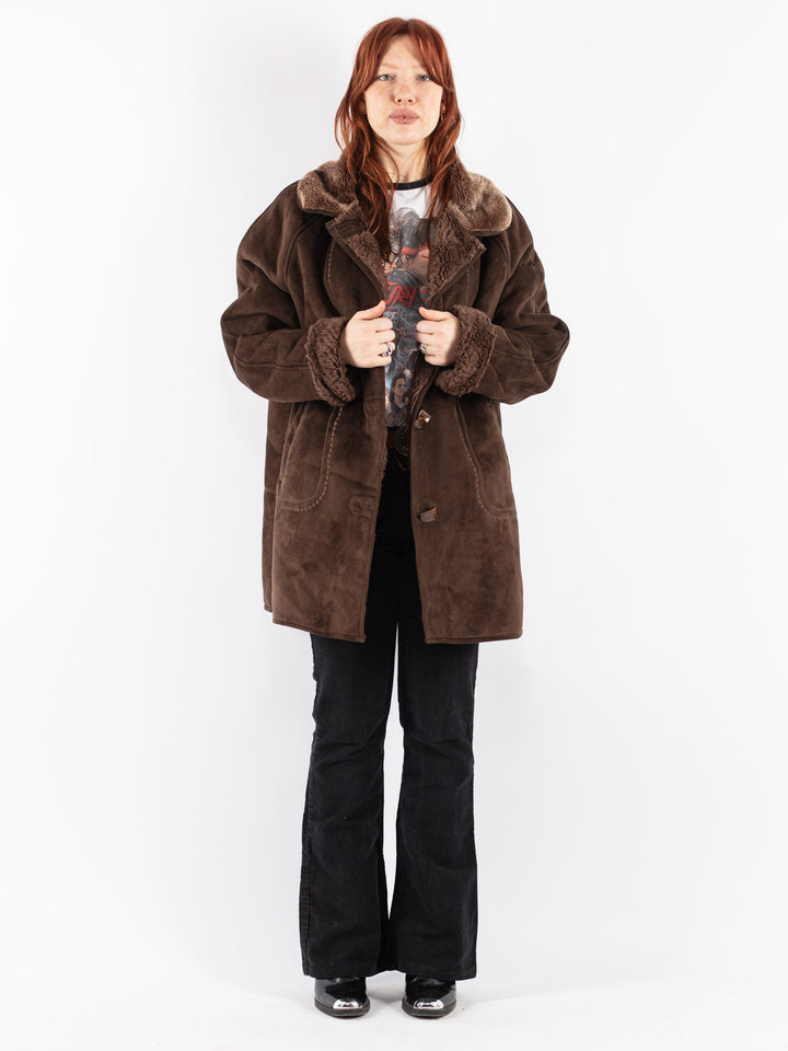 Vintage 90's Women Faux Sheepskin Coat in Brown