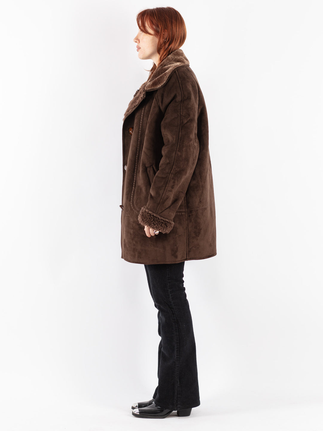 Vintage 90's Women Faux Sheepskin Coat in Brown