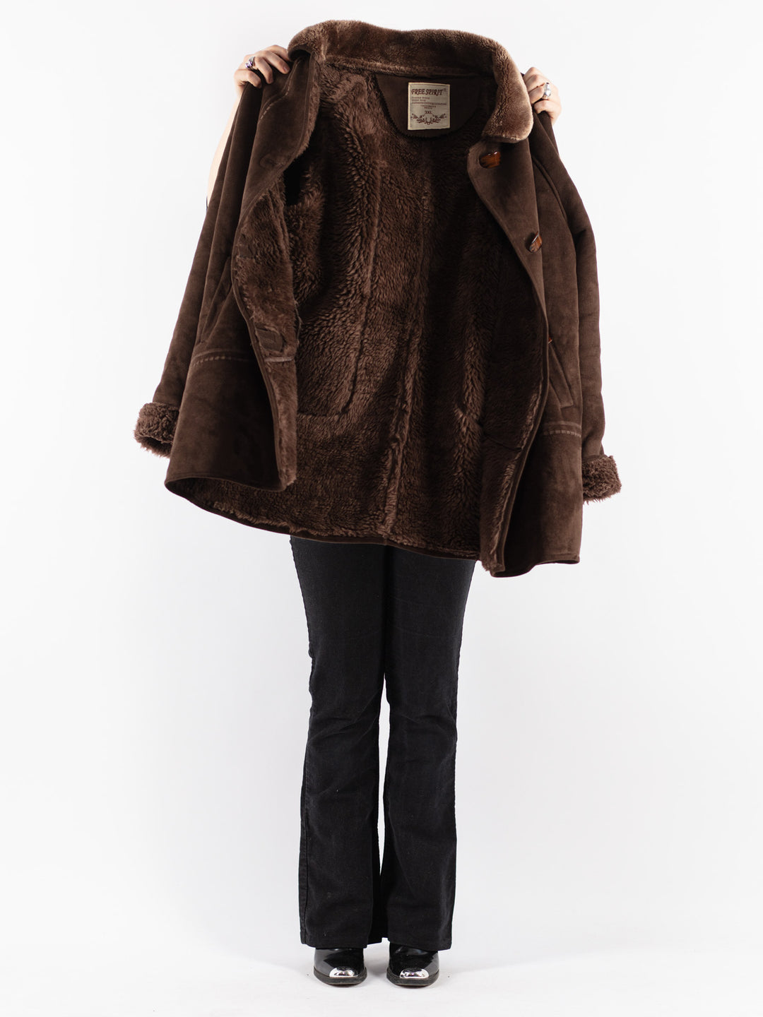 Vintage 90's Women Faux Sheepskin Coat in Brown