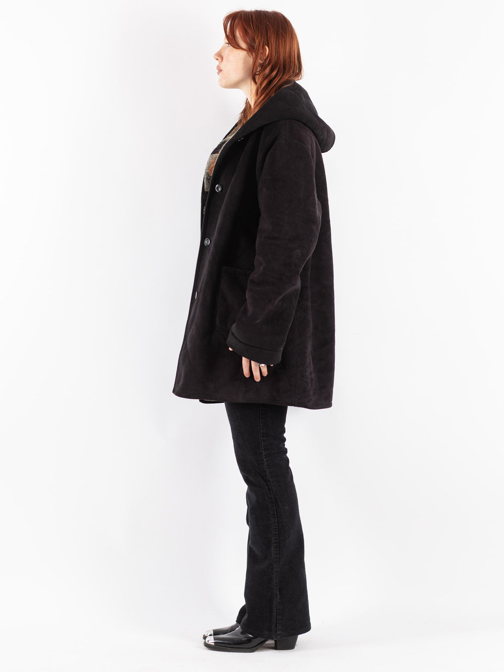 Vintage 90's Women Faux Sheepskin Coat in Black