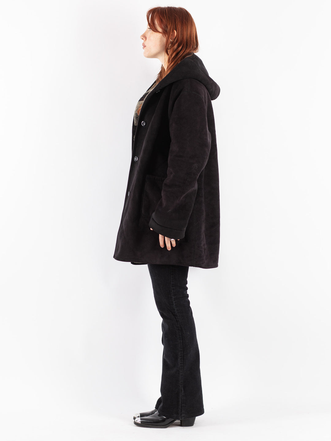 Vintage 90's Women Faux Sheepskin Coat in Black