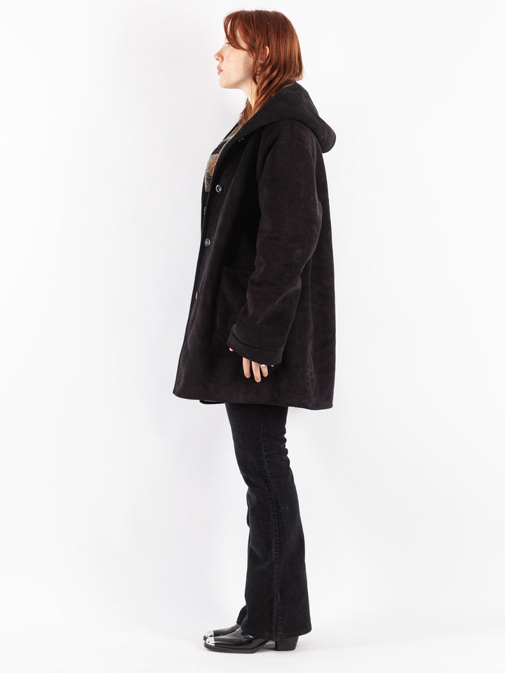 Vintage 90's Women Faux Sheepskin Coat in Black