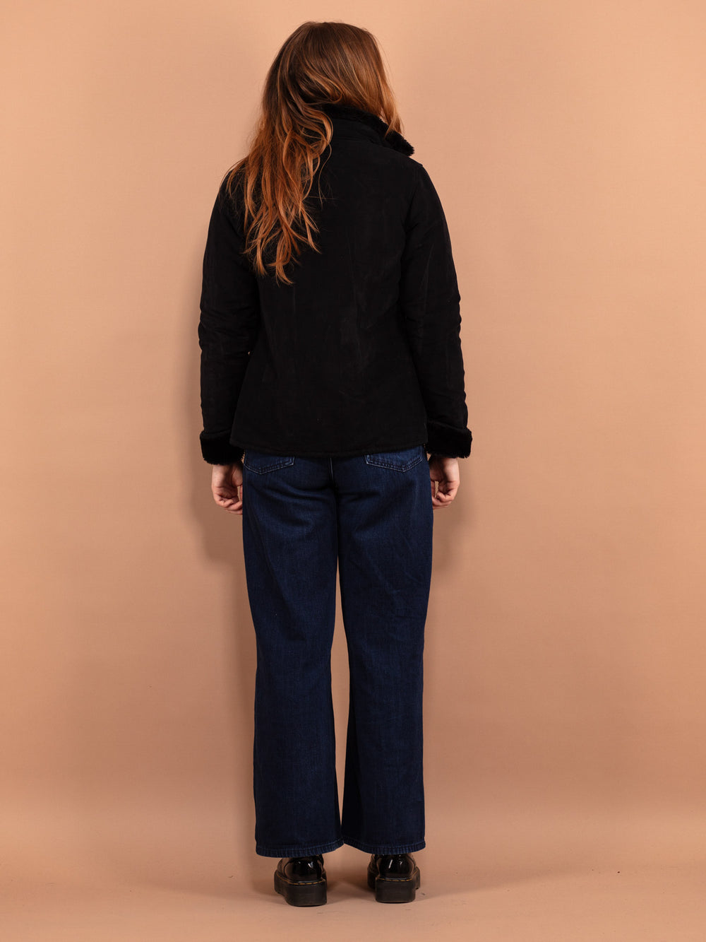 Vintage 90's Women Faux Sheepskin  Jacket in Black - NorthernGrip