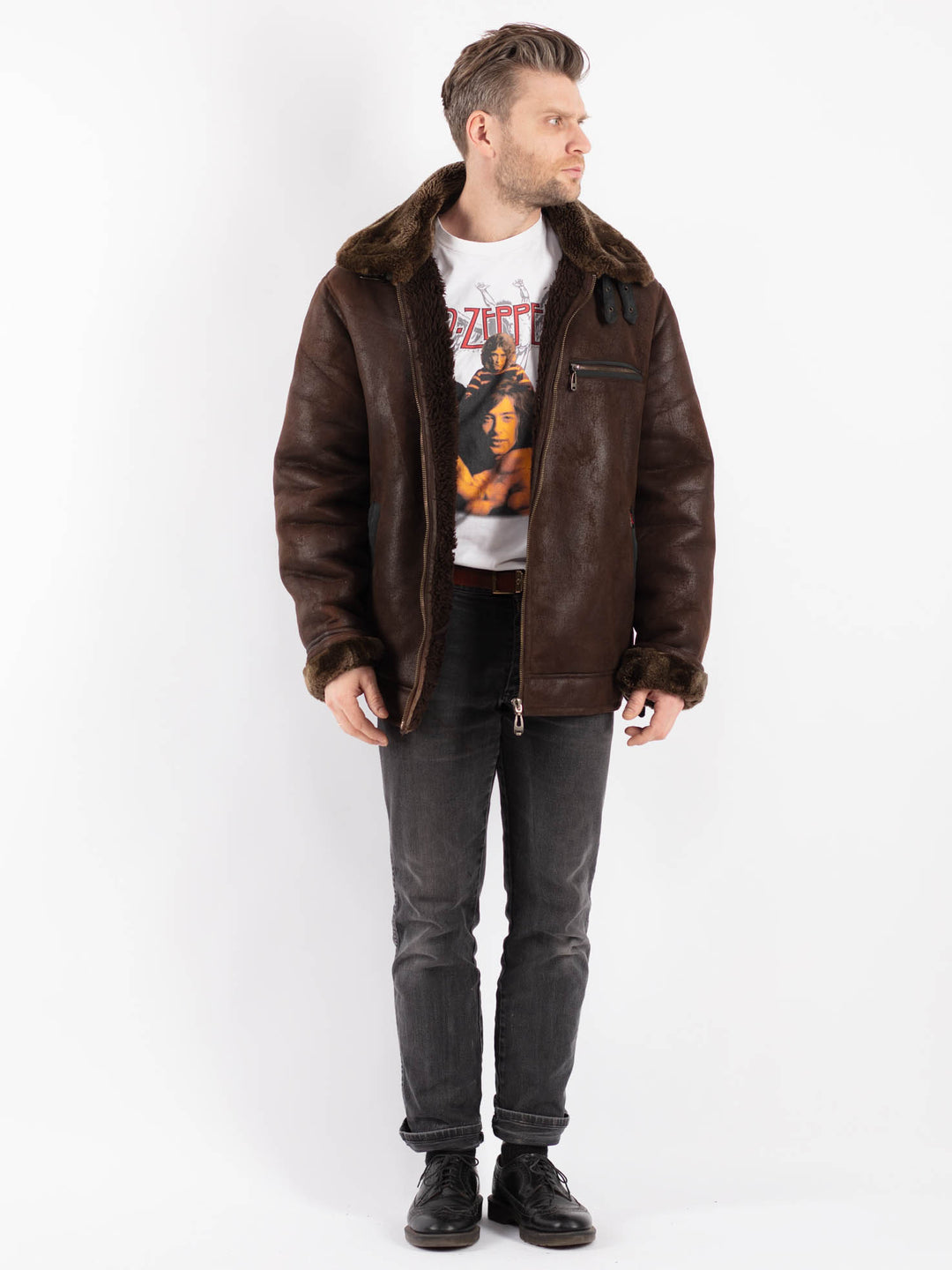 Vintage 90's Men Faux Sheepskin Jacket in BrownZ422