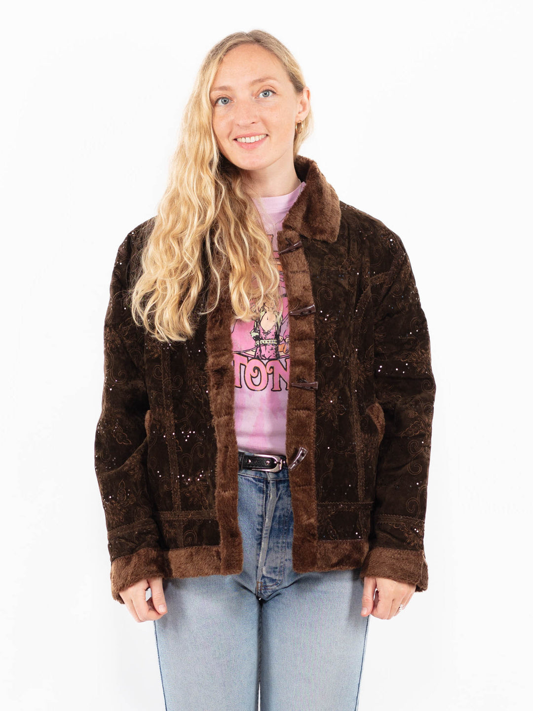 Vintage 90's Women Faux Sheepskin Jacket in BrownA0508