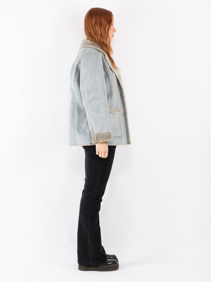 Vintage 90's Women Faux Sheepskin Jacket in Gray