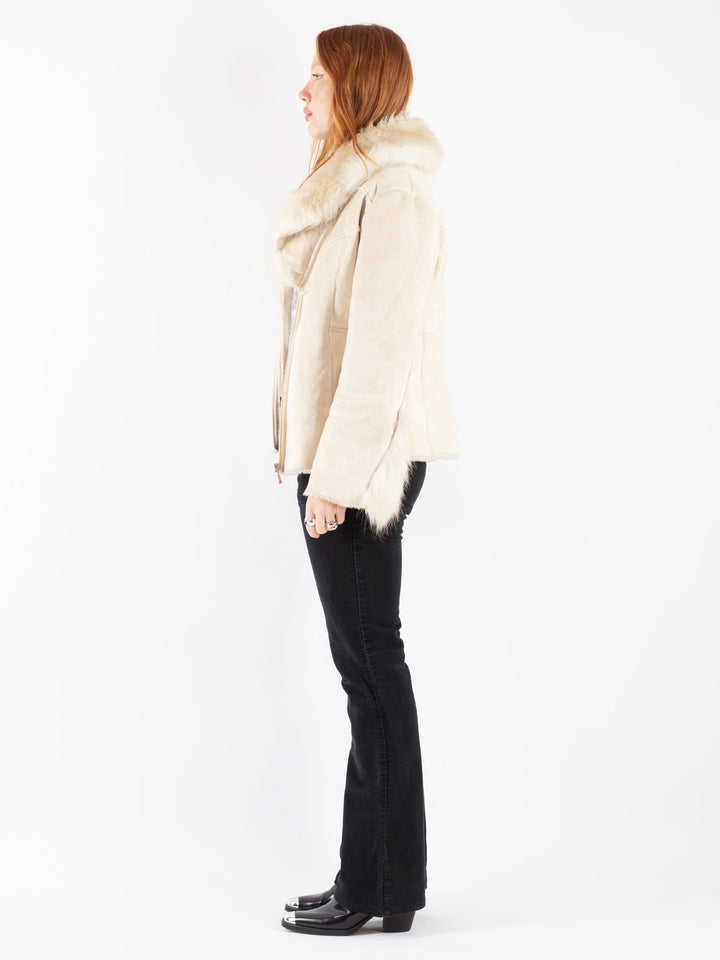 Vintage 90's Women Faux Sheepskin Jacket in White
