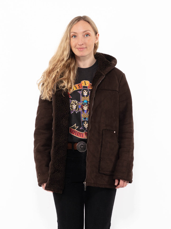 Vintage 90's Women Faux Sheepskin Jacket in BrownA0910