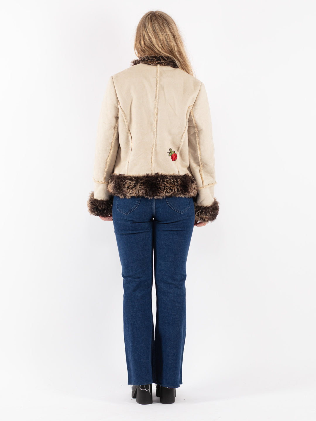 Vintage 90's Women Faux Sheepskin Jacket in Beige