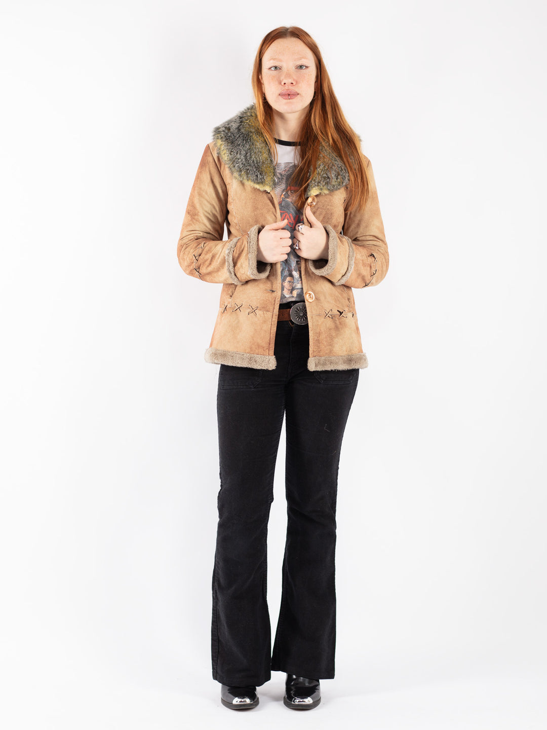 Vintage 90's Women Faux Sheepskin Jacket in Beige