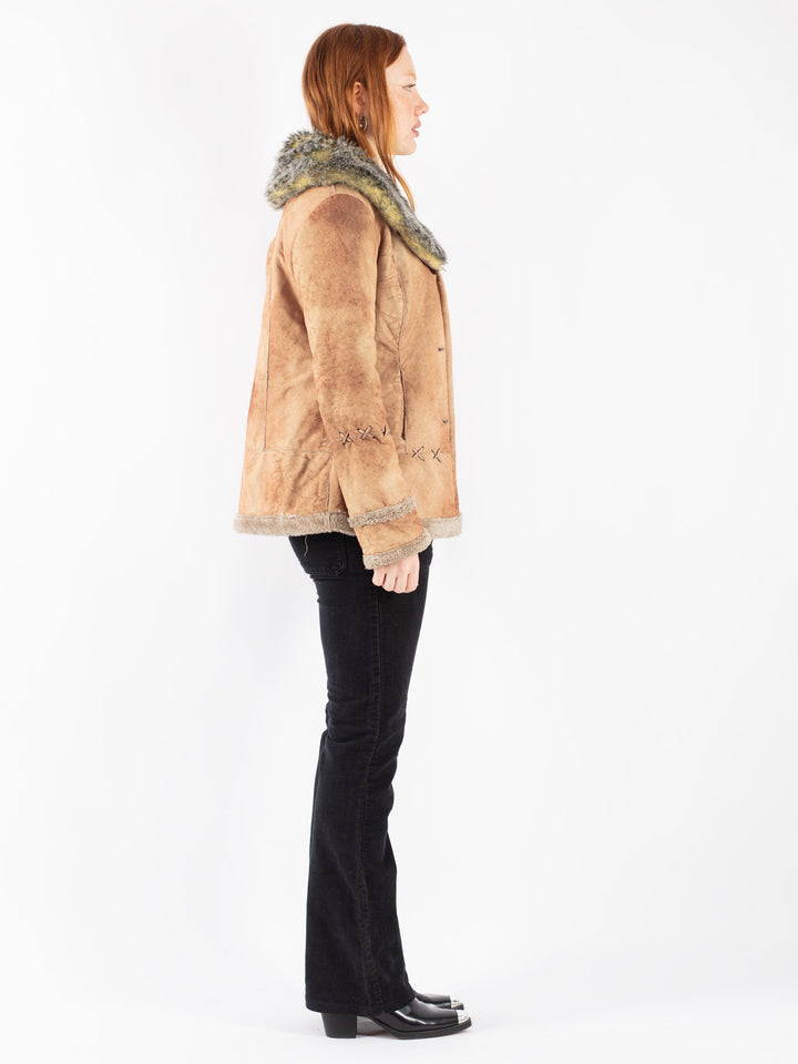 Vintage 90's Women Faux Sheepskin Jacket in Beige
