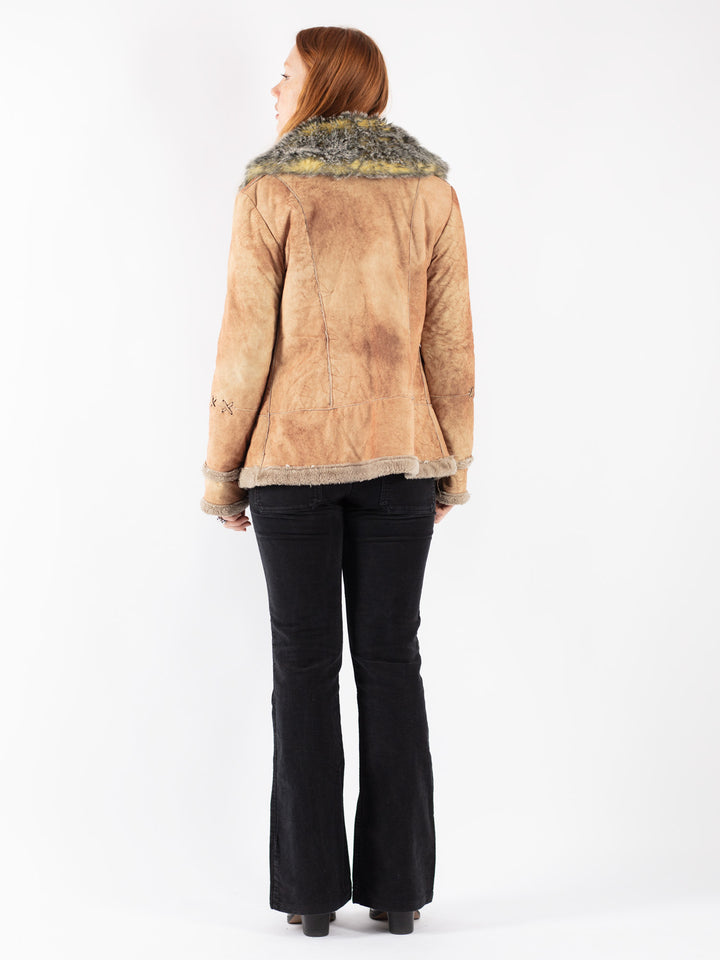 Vintage 90's Women Faux Sheepskin Jacket in Beige