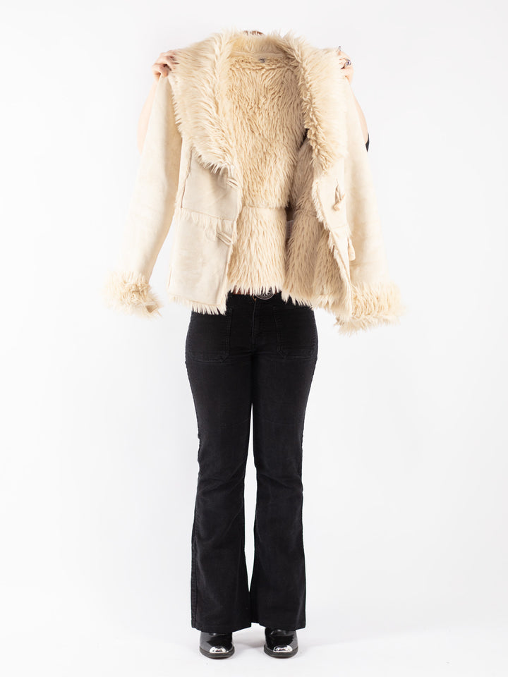 Vintage 90's Women Faux Sheepskin Jacket in Beige