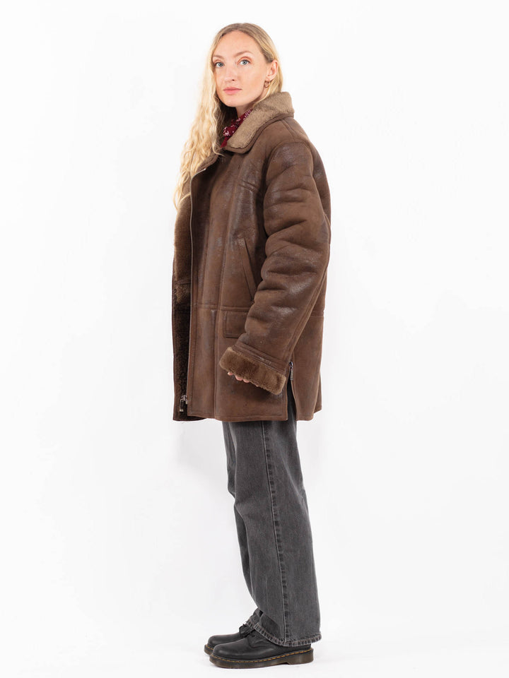 Vintage 90's Women Faux Sheepskin Coat in BrownA0676