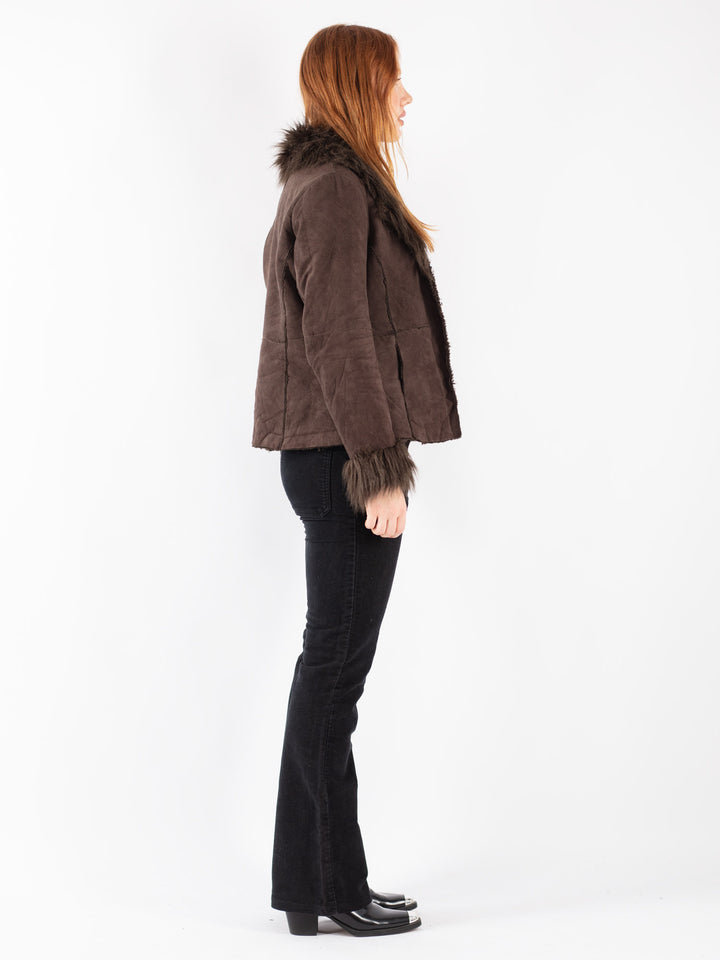 Vintage 90's Women Faux Sheepskin Jacket in Brown