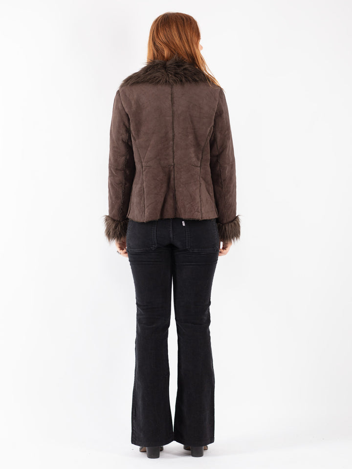 Vintage 90's Women Faux Sheepskin Jacket in Brown
