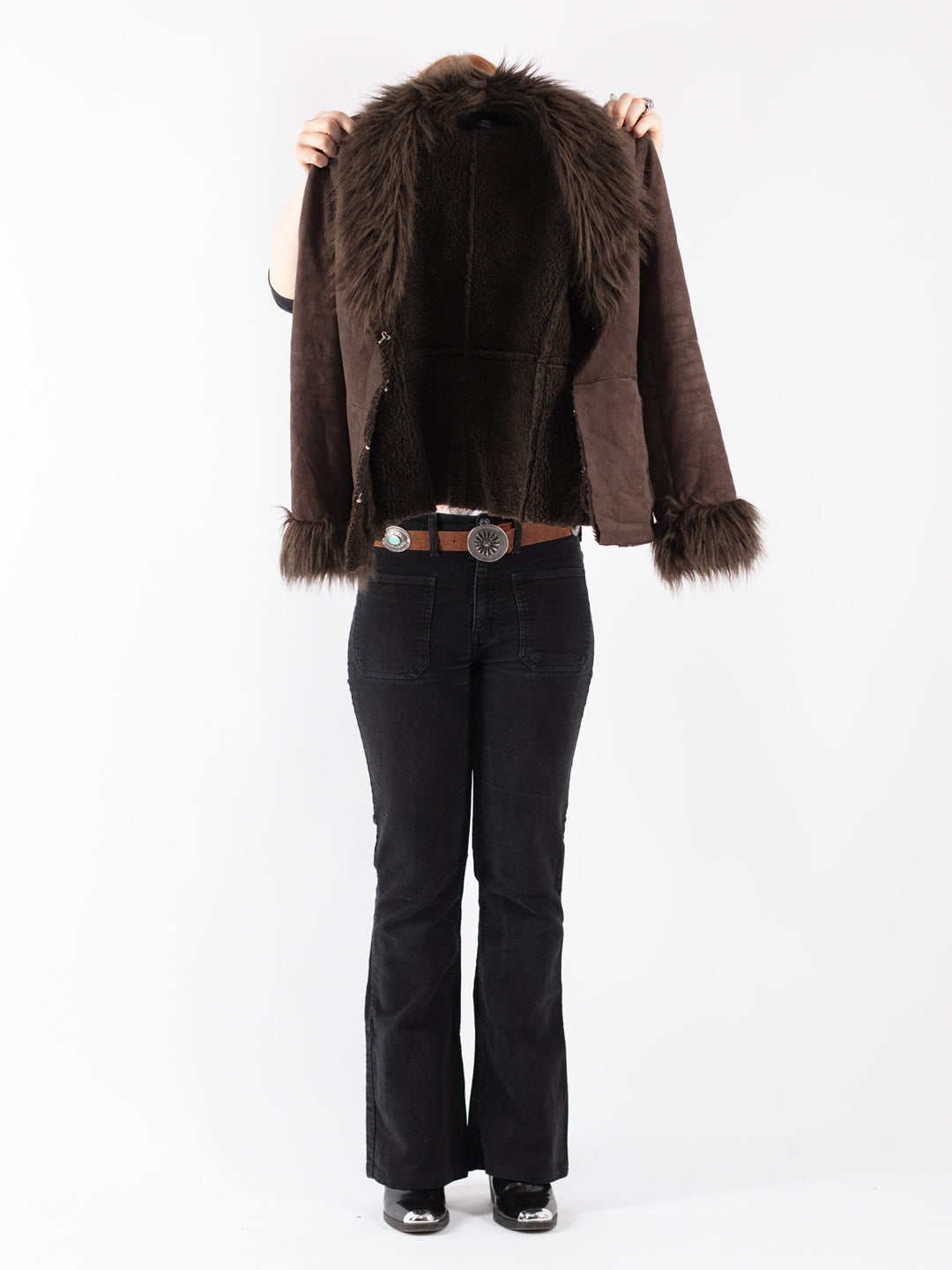 Vintage 90's Women Faux Sheepskin Jacket in Brown