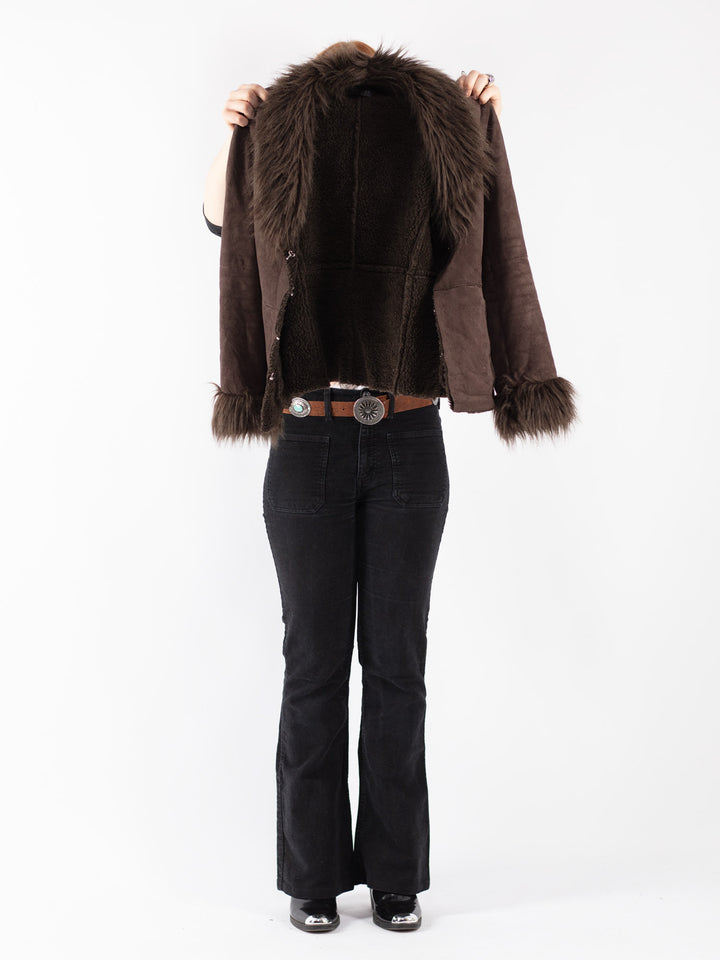 Vintage 90's Women Faux Sheepskin Jacket in Brown