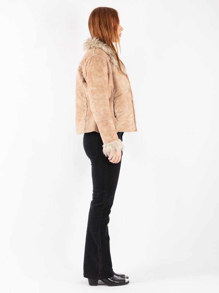 Vintage 90's Women Faux Sheepskin Jacket in Beige