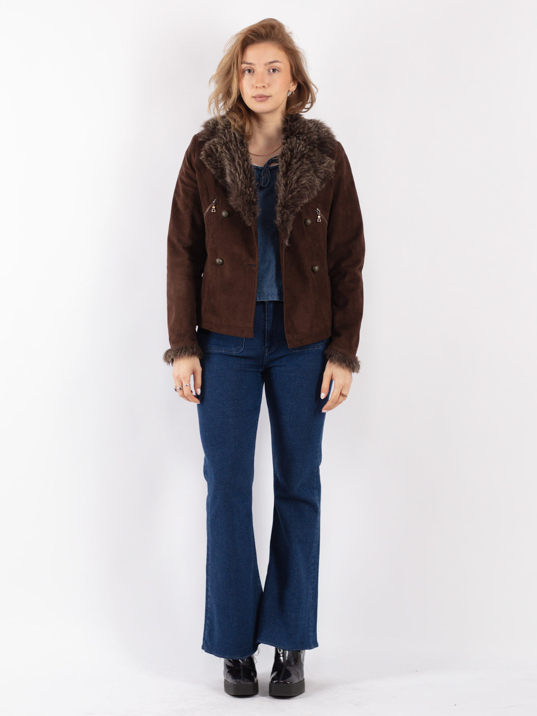 Vintage 90's Women Faux Sheepskin Jacket in Brown