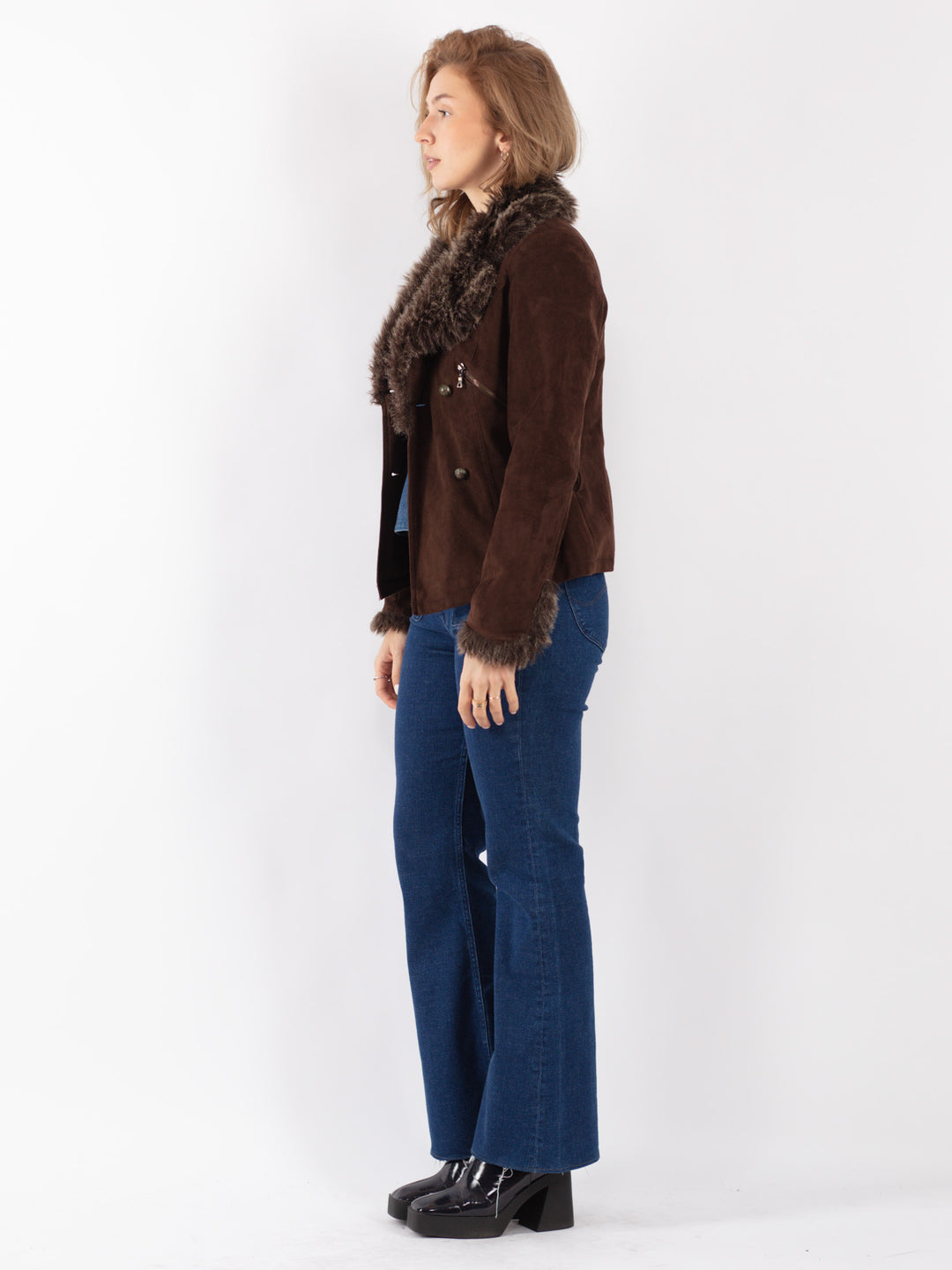 Vintage 90's Women Faux Sheepskin Jacket in Brown