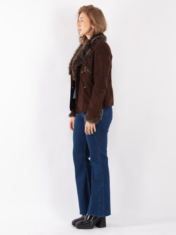 Vintage 90's Women Faux Sheepskin Jacket in Brown