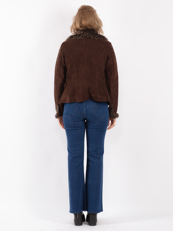 Vintage 90's Women Faux Sheepskin Jacket in Brown
