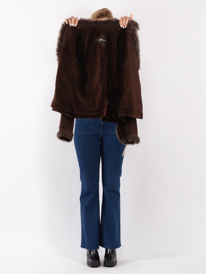 Vintage 90's Women Faux Sheepskin Jacket in Brown