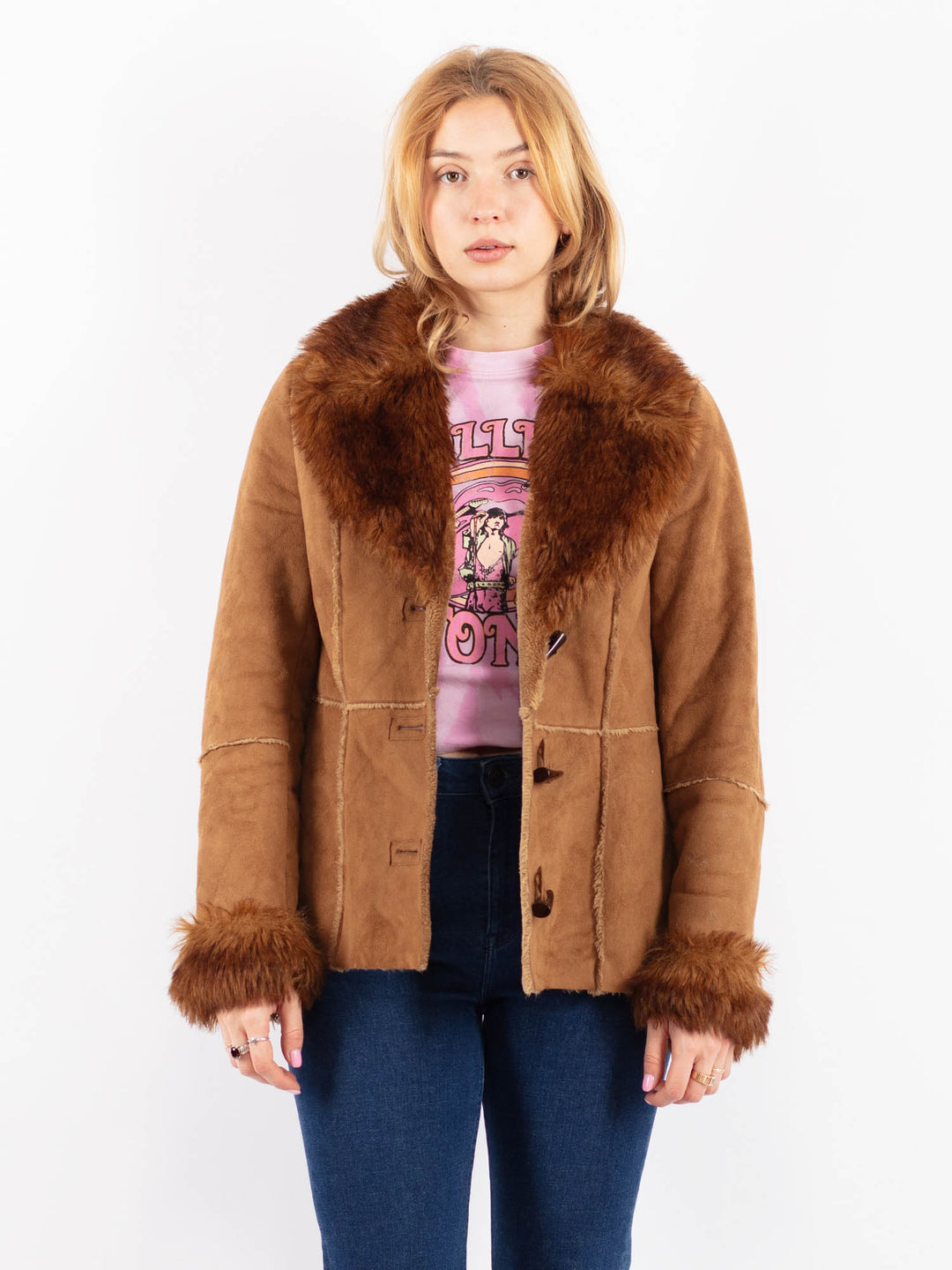 Vintage 90's Women Faux Sheepskin Jacket in BeigeV9595