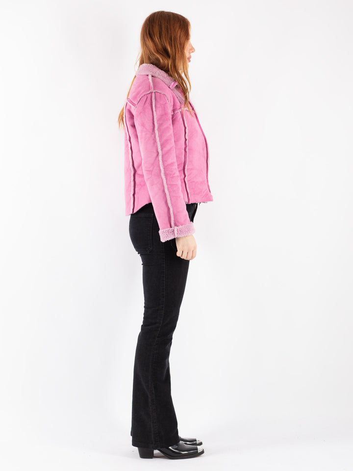 Vintage 90's Women Faux Sheepskin Jacket in Pink