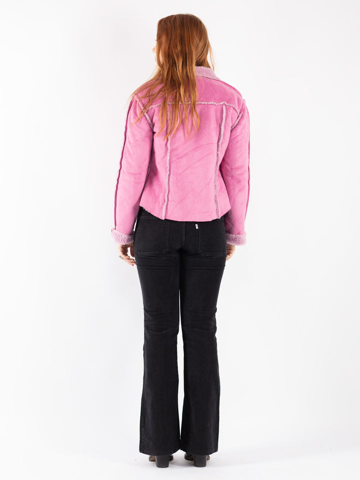 Vintage 90's Women Faux Sheepskin Jacket in Pink