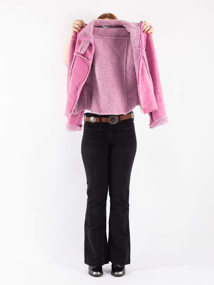 Vintage 90's Women Faux Sheepskin Jacket in Pink