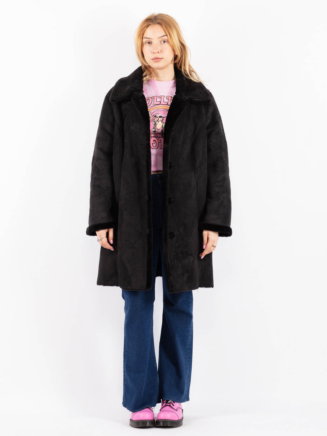 Vintage 90's Women Faux Sheepskin Coat in BlackV9606