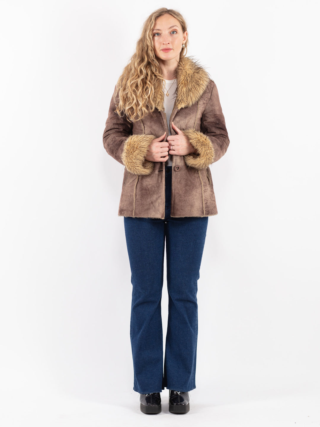 Vintage 90's Women Faux Sheepskin Jacket in Brown