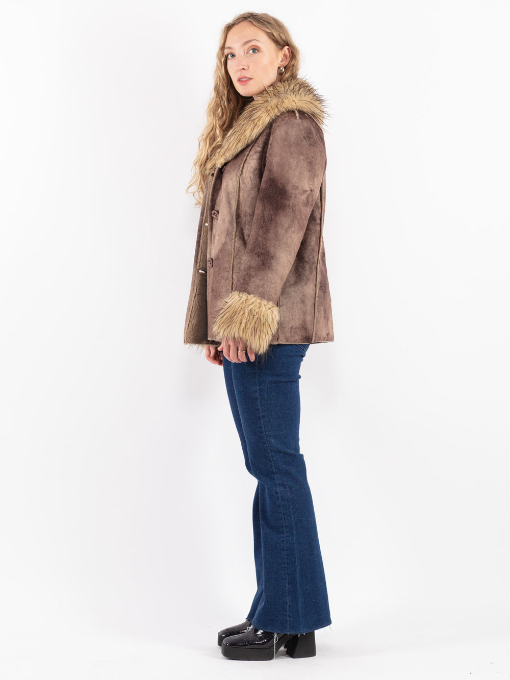 Vintage 90's Women Faux Sheepskin Jacket in Brown