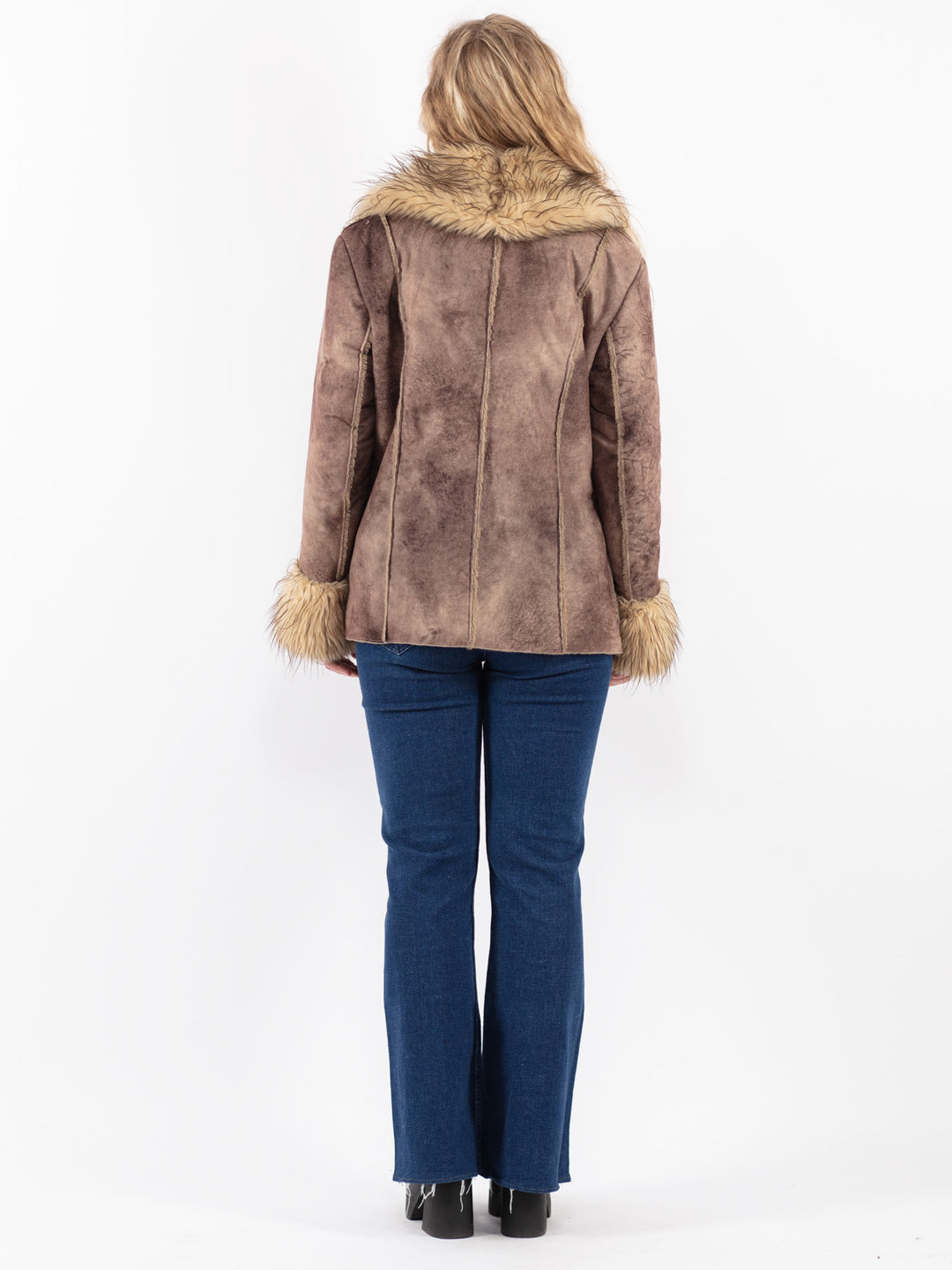 Vintage 90's Women Faux Sheepskin Jacket in Brown